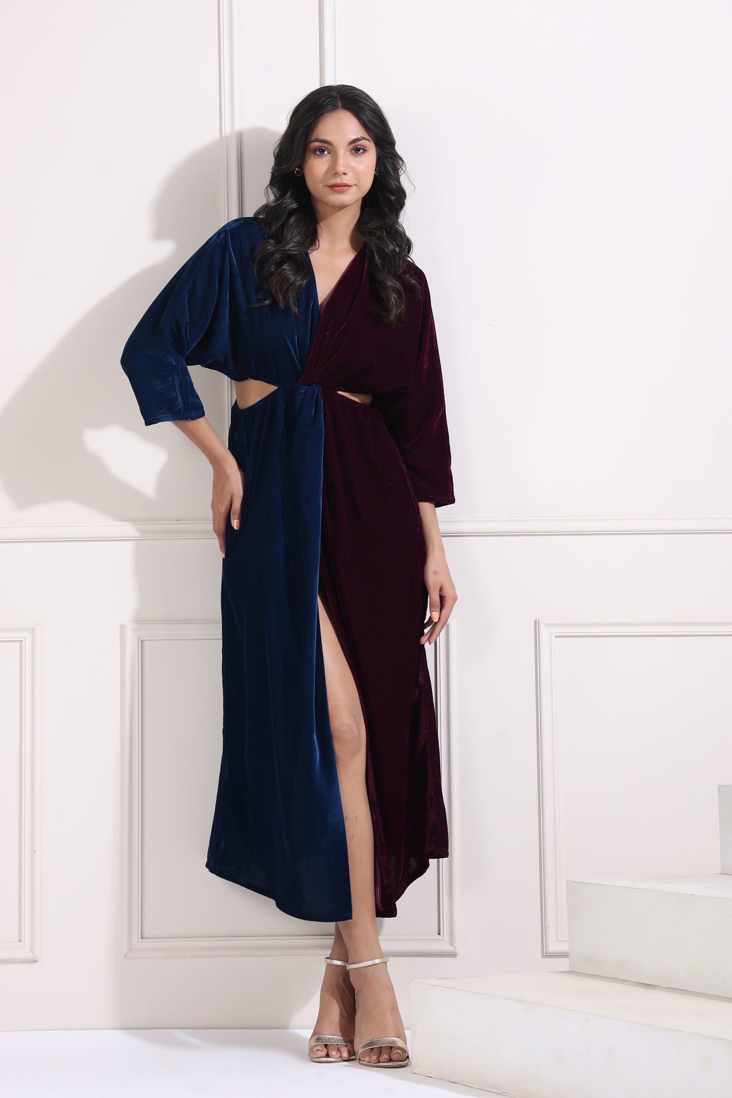 Blue and Wine Half-and-Half Knotted Dress
