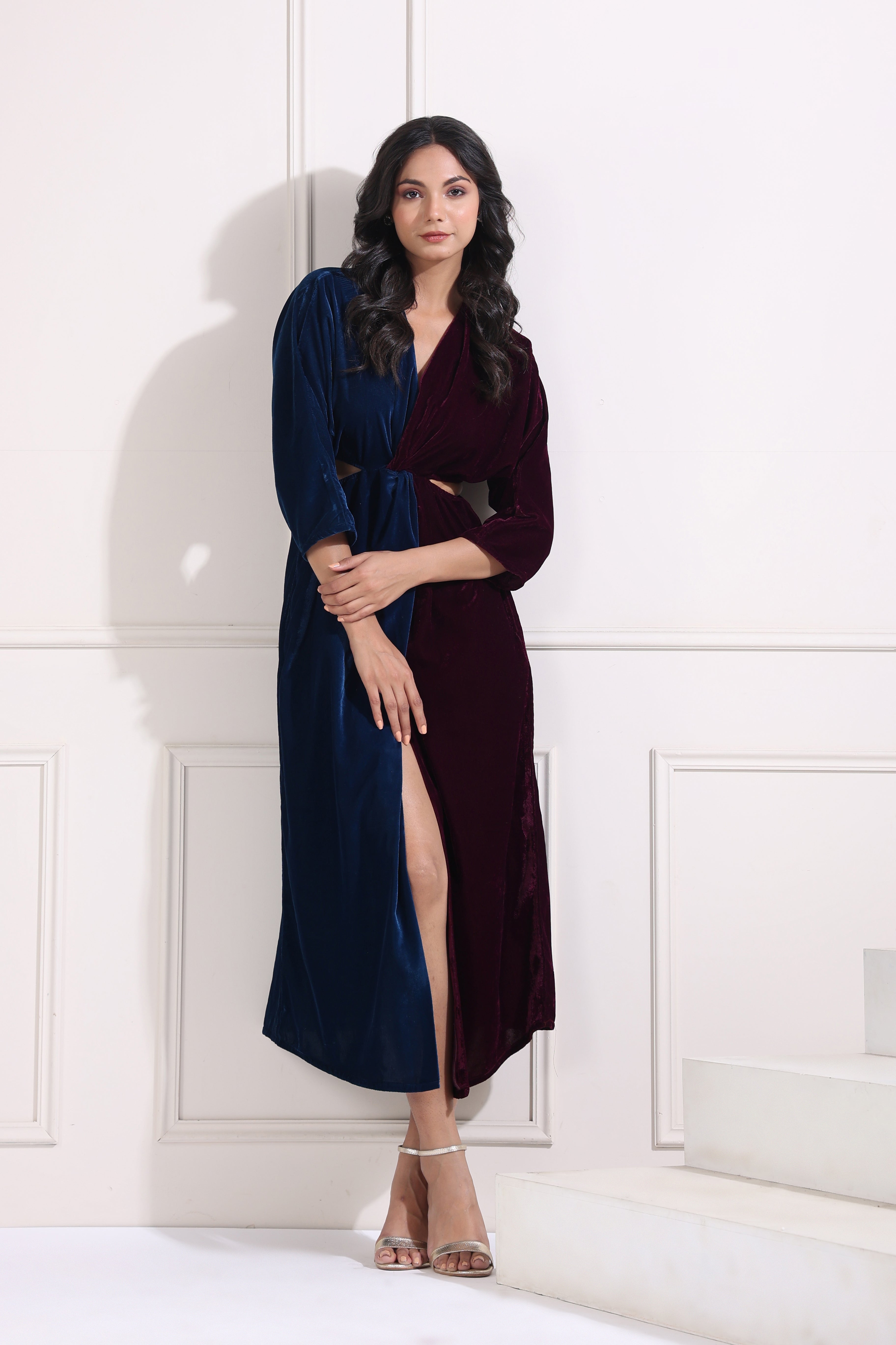 Blue and Wine Half-and-Half Knotted Dress