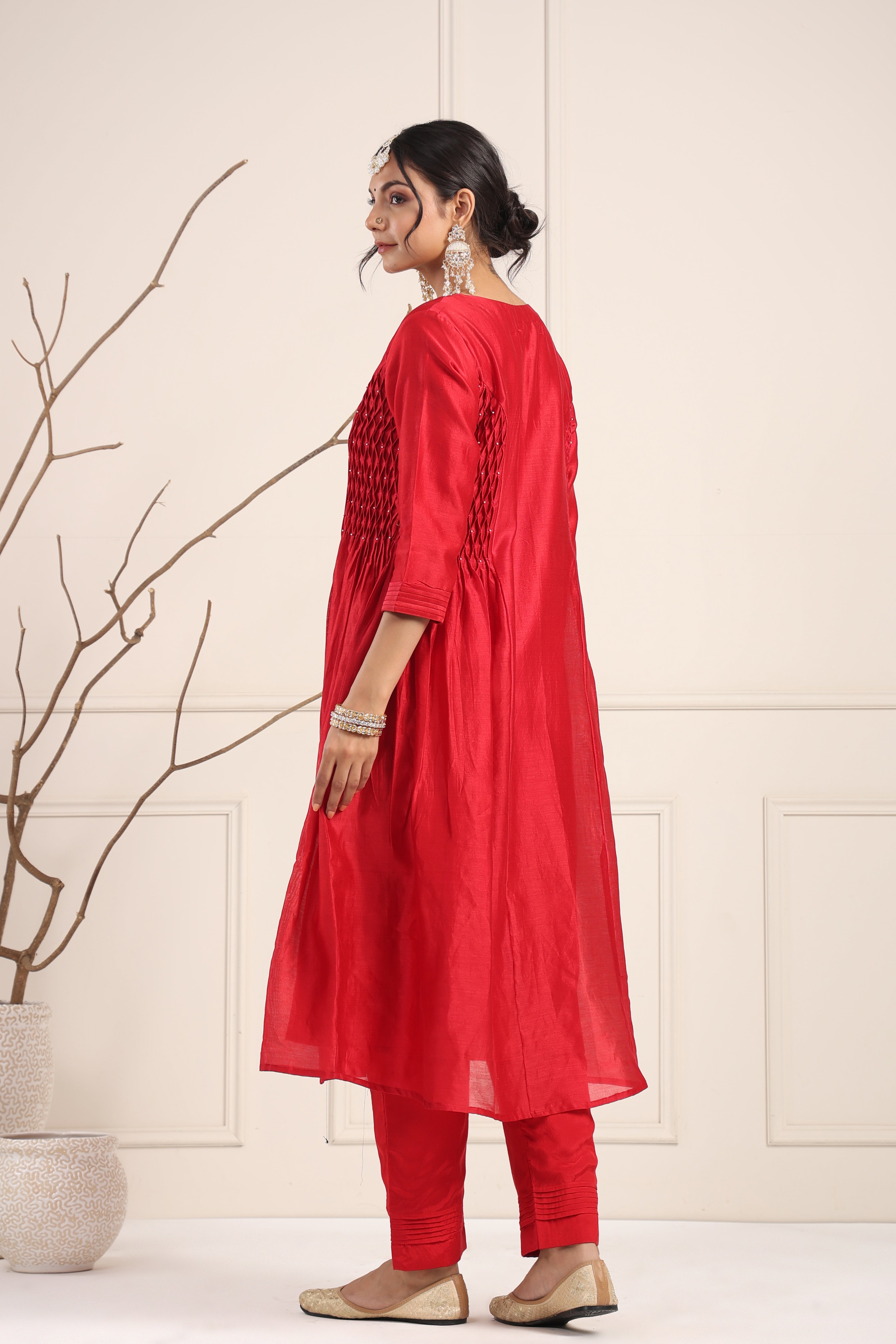 Elegant Red Smocked Kurta Set