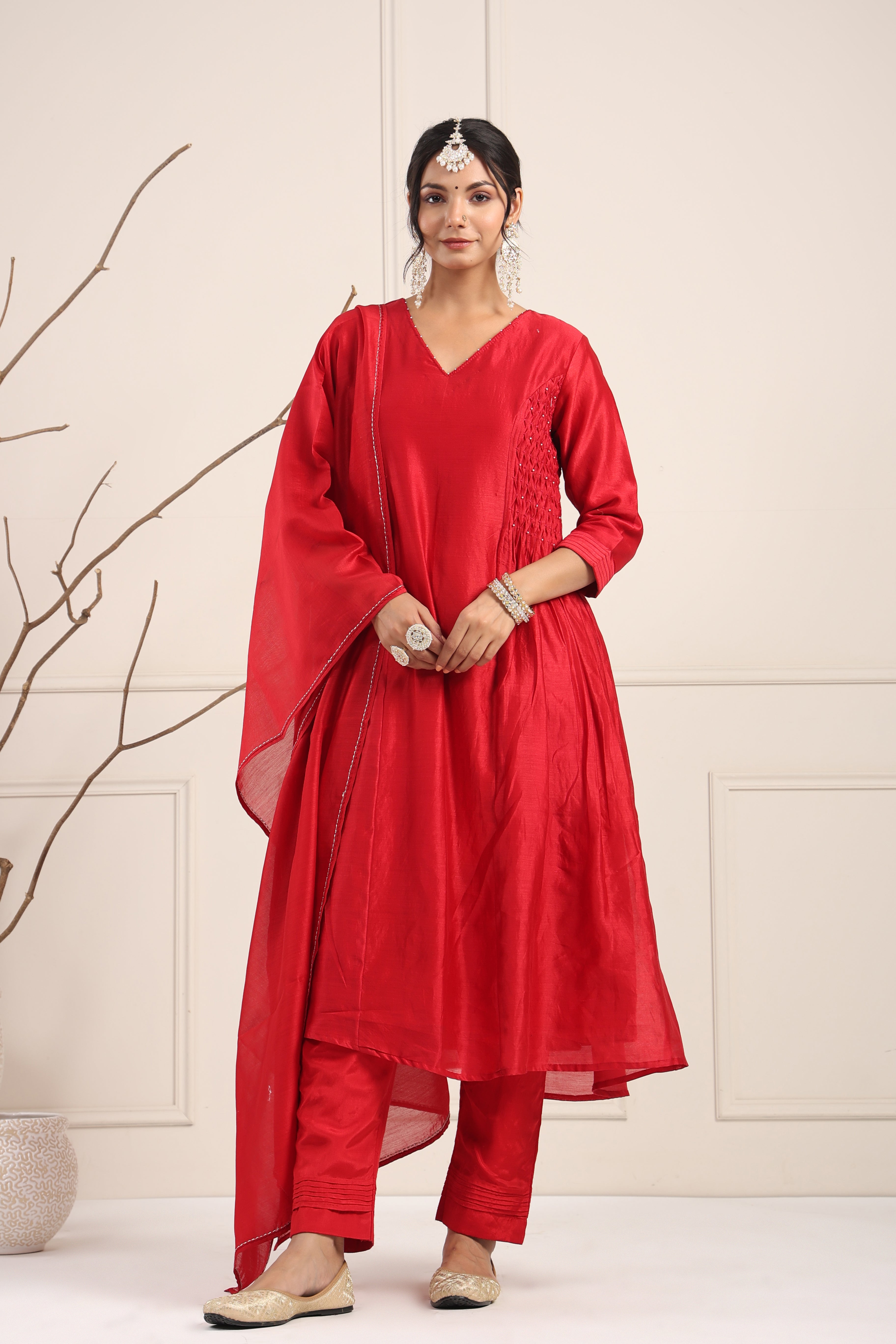 Elegant Red Smocked Kurta Set