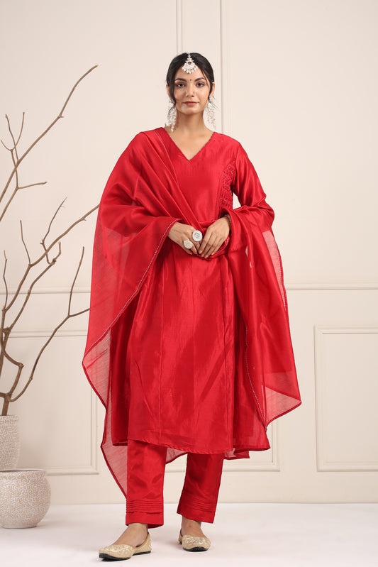 Elegant Red Smocked Kurta Set