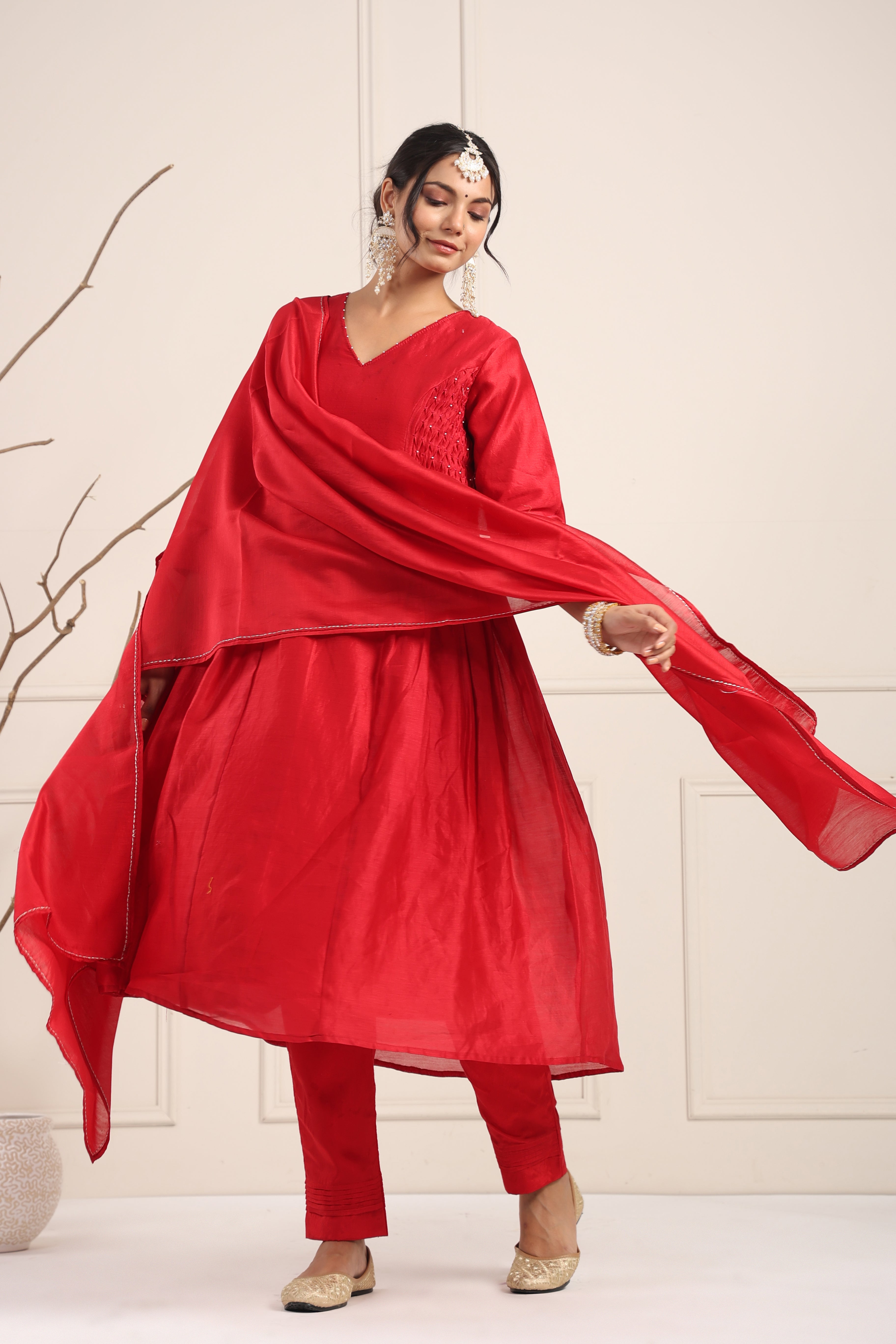 Elegant Red Smocked Kurta Set