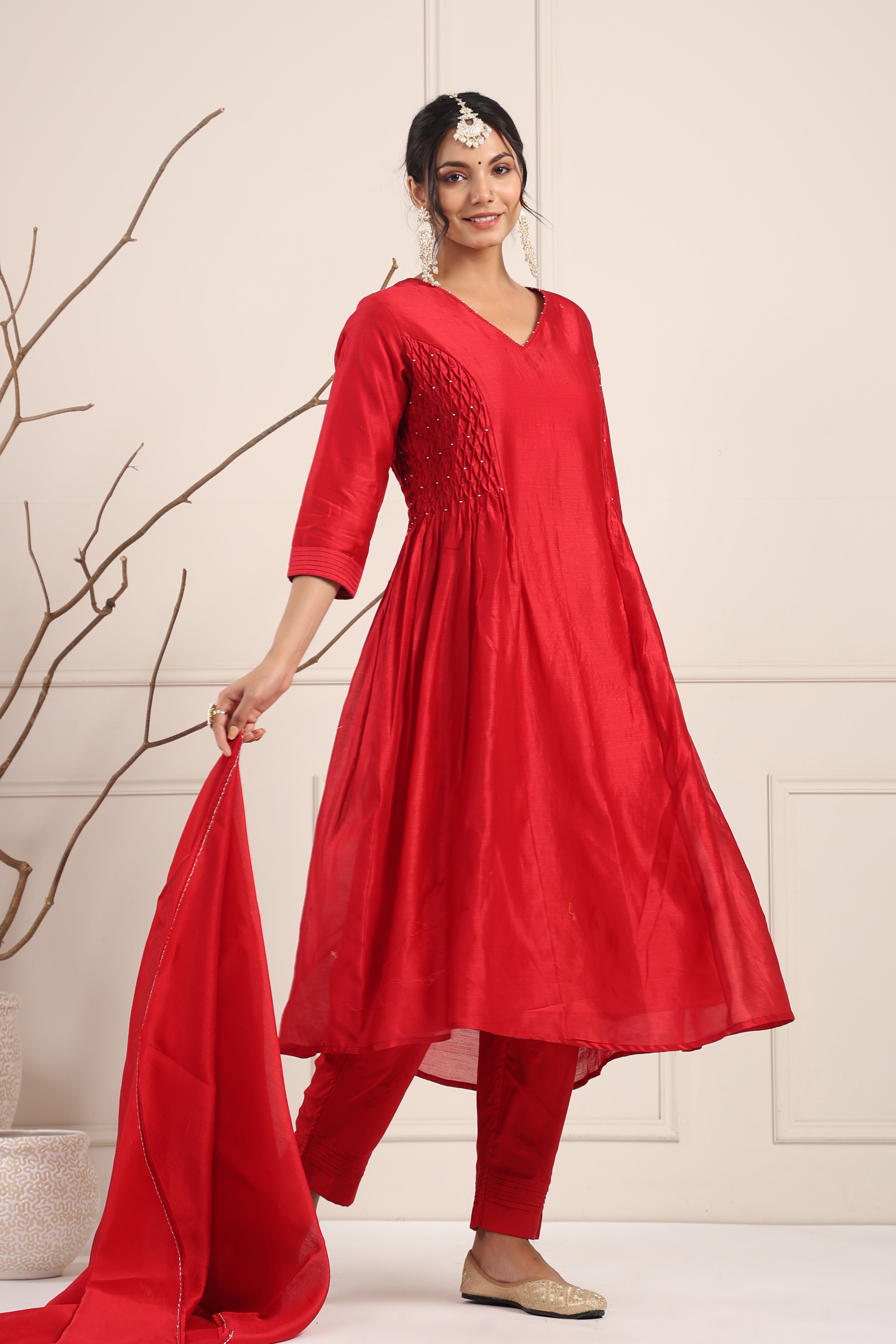 Elegant Red Smocked Kurta Set