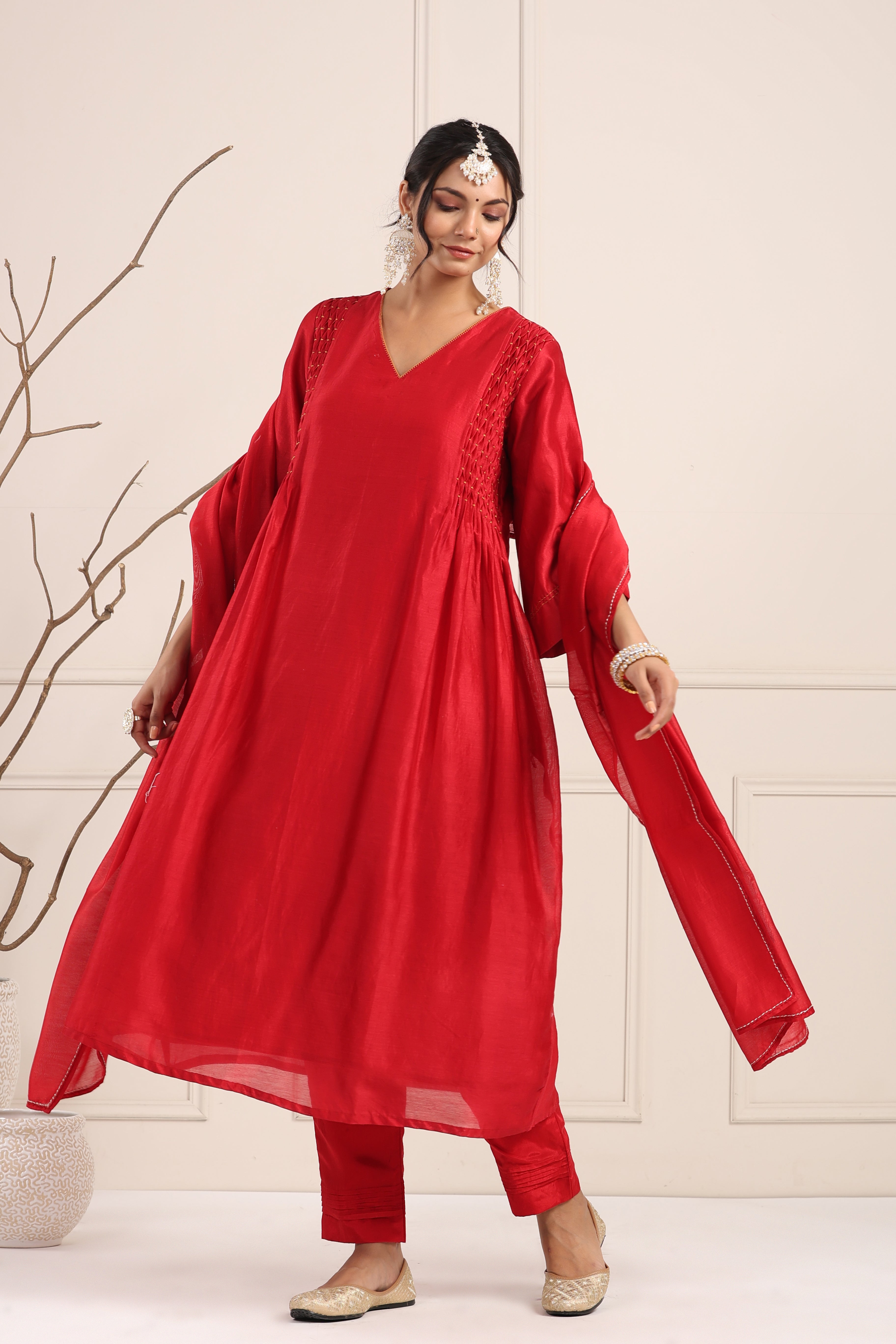 Flush Red Smocked Kurta Set