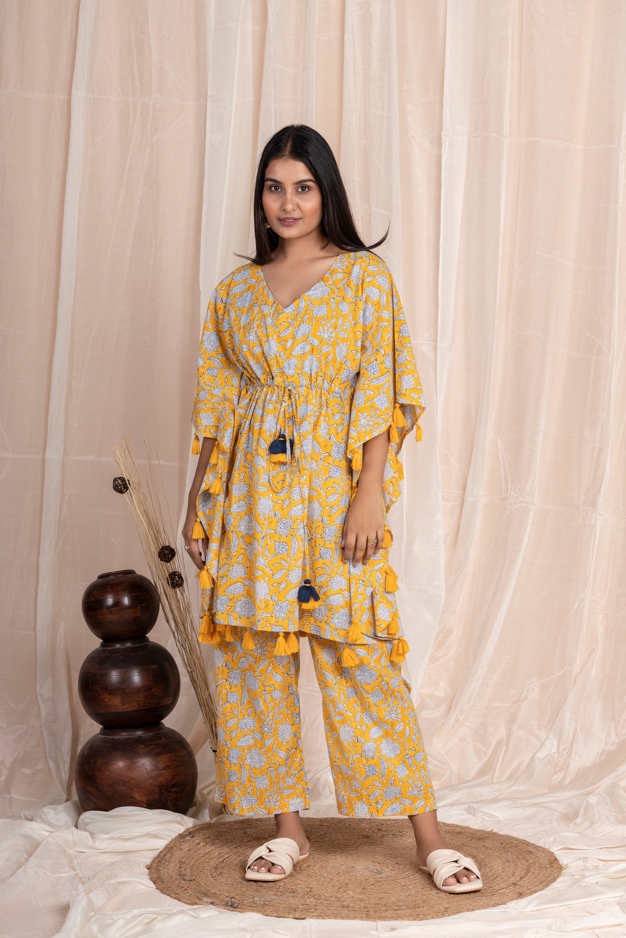 Yellow Tassel Kaftan with Pants (Co-ord Set)