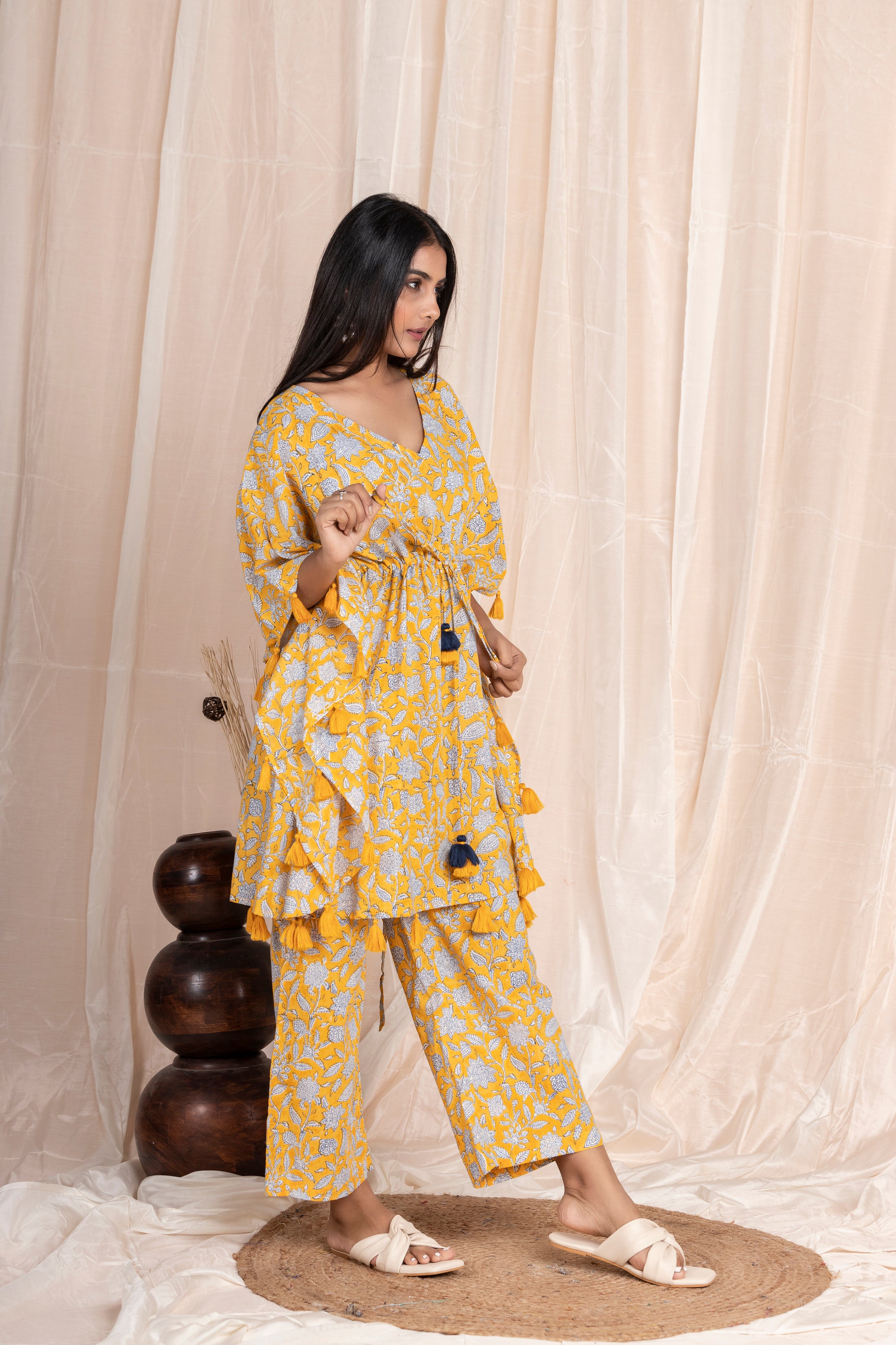 Yellow Tassel Kaftan with Pants (Co-ord Set)