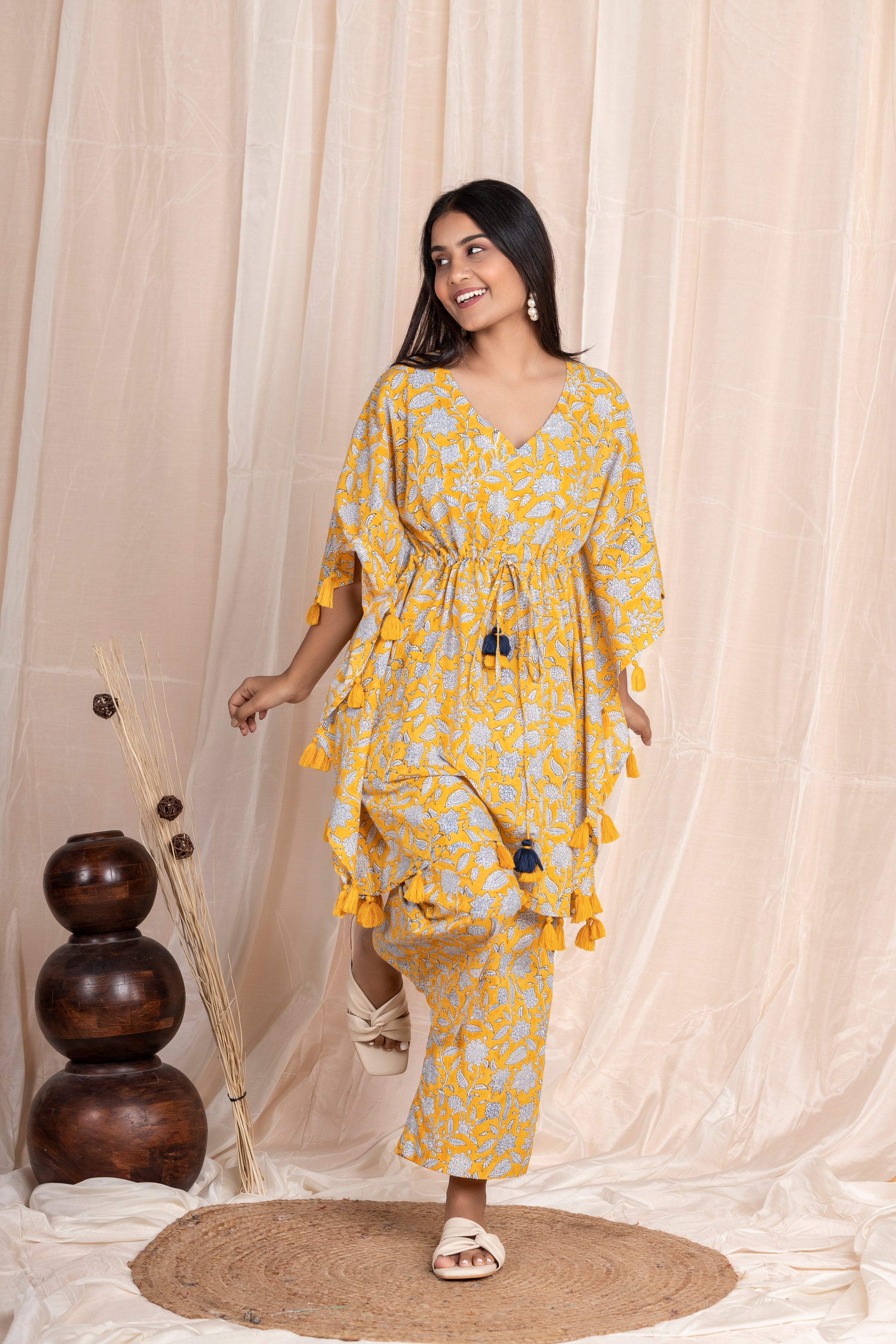 Yellow Tassel Kaftan with Pants (Co-ord Set)