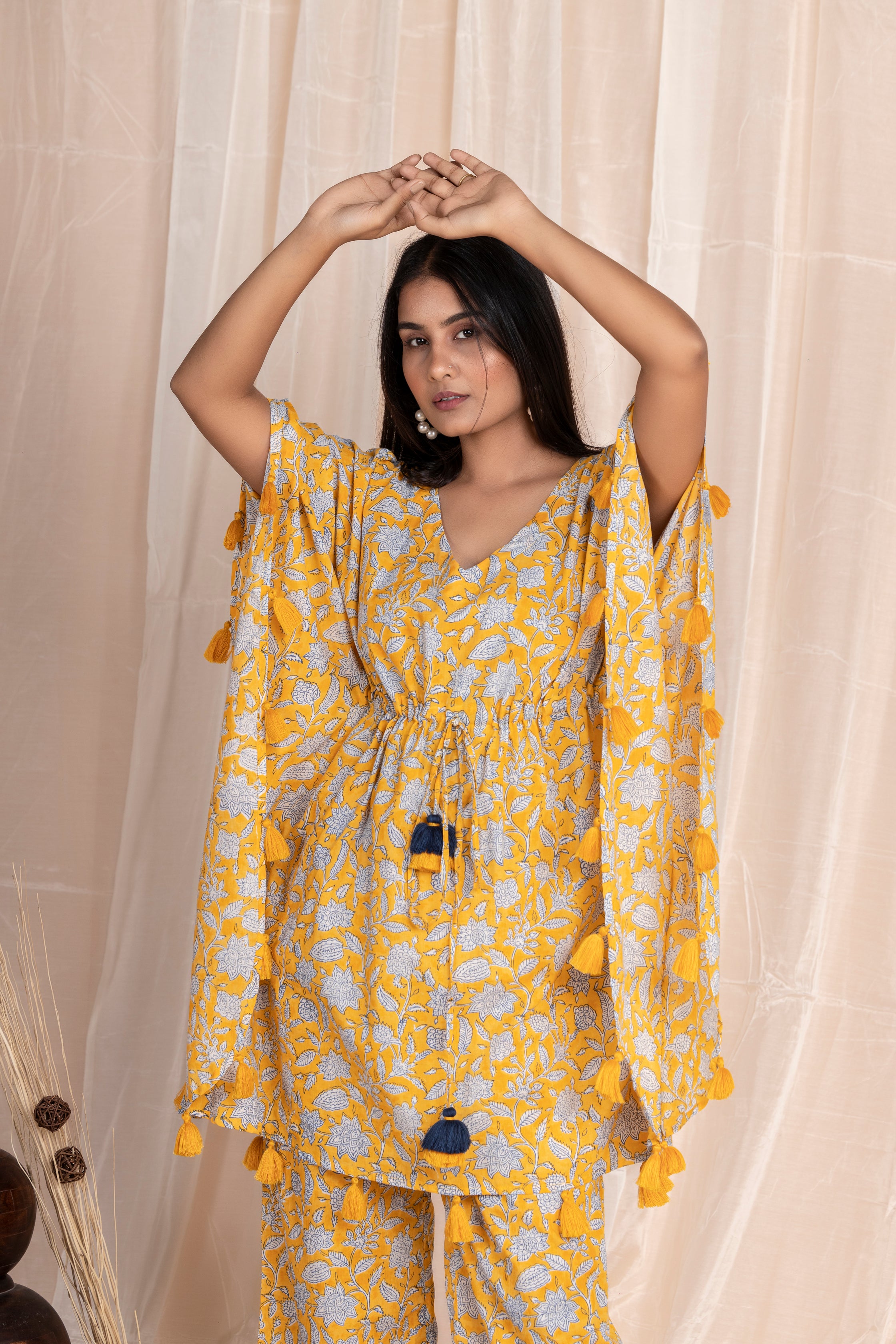 Yellow Tassel Kaftan with Pants (Co-ord Set)