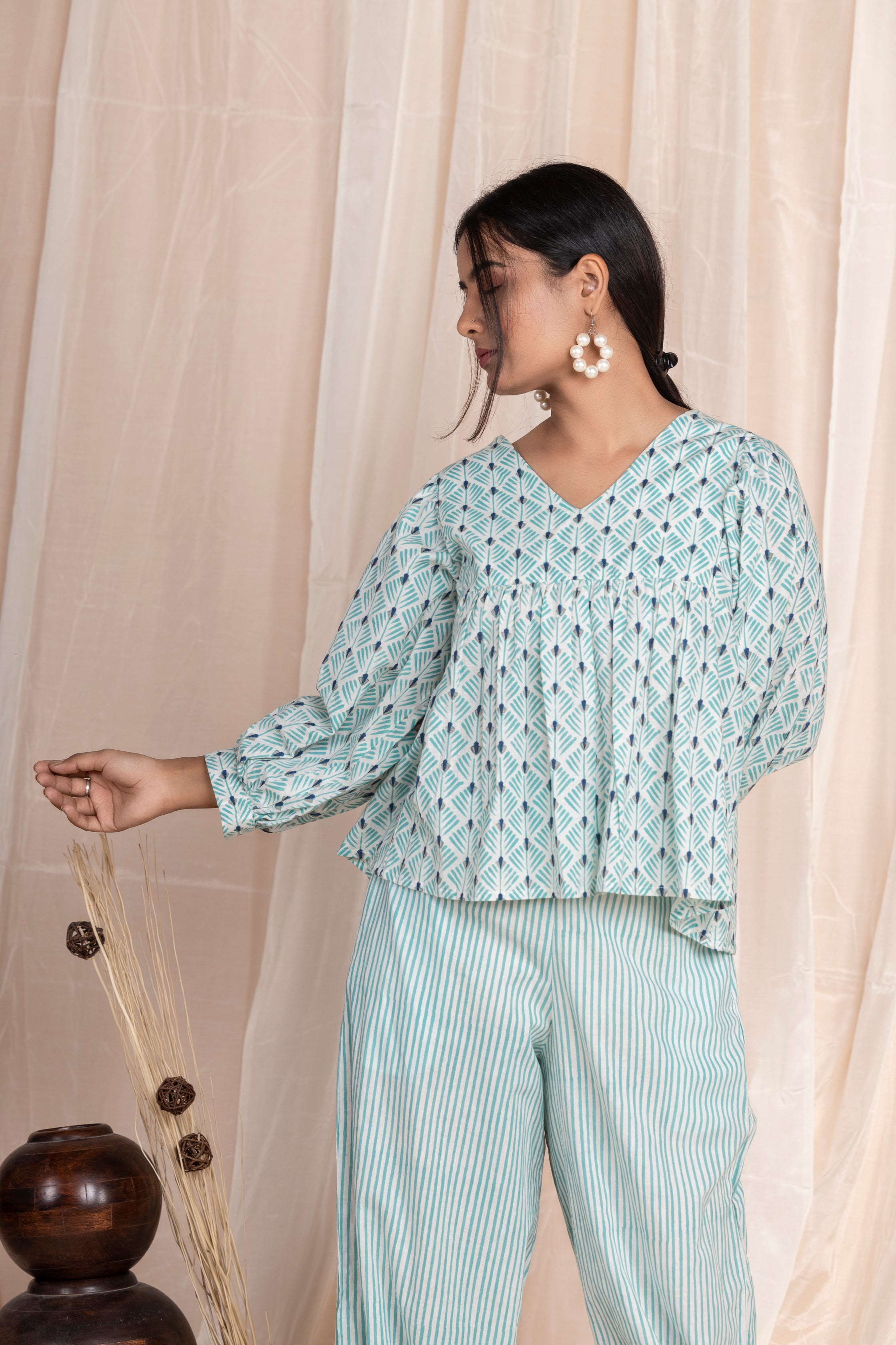 Aqua Lantern Pants with Flounce Top Co-ord Set