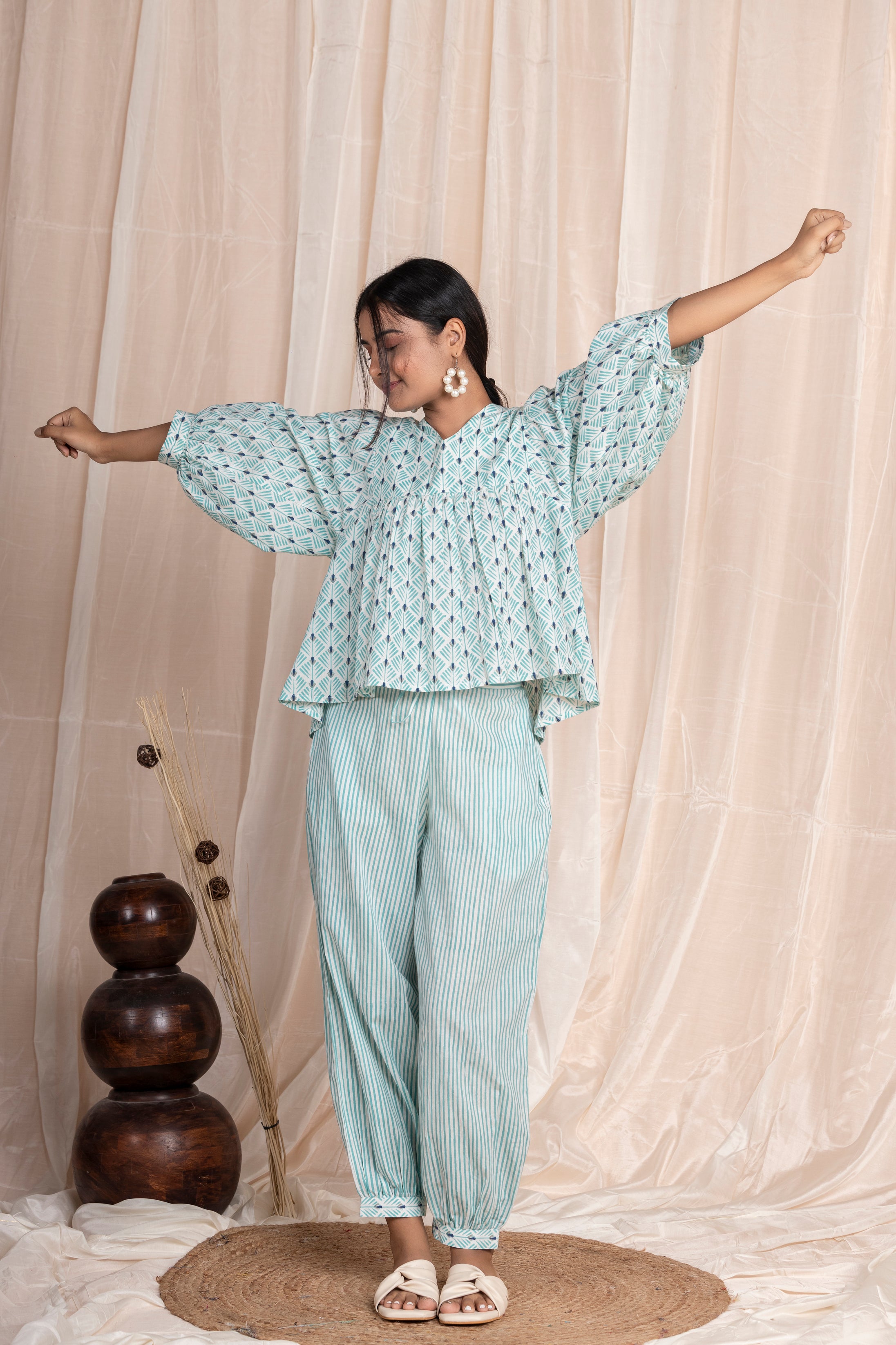 Aqua Lantern Pants with Flounce Top Co-ord Set