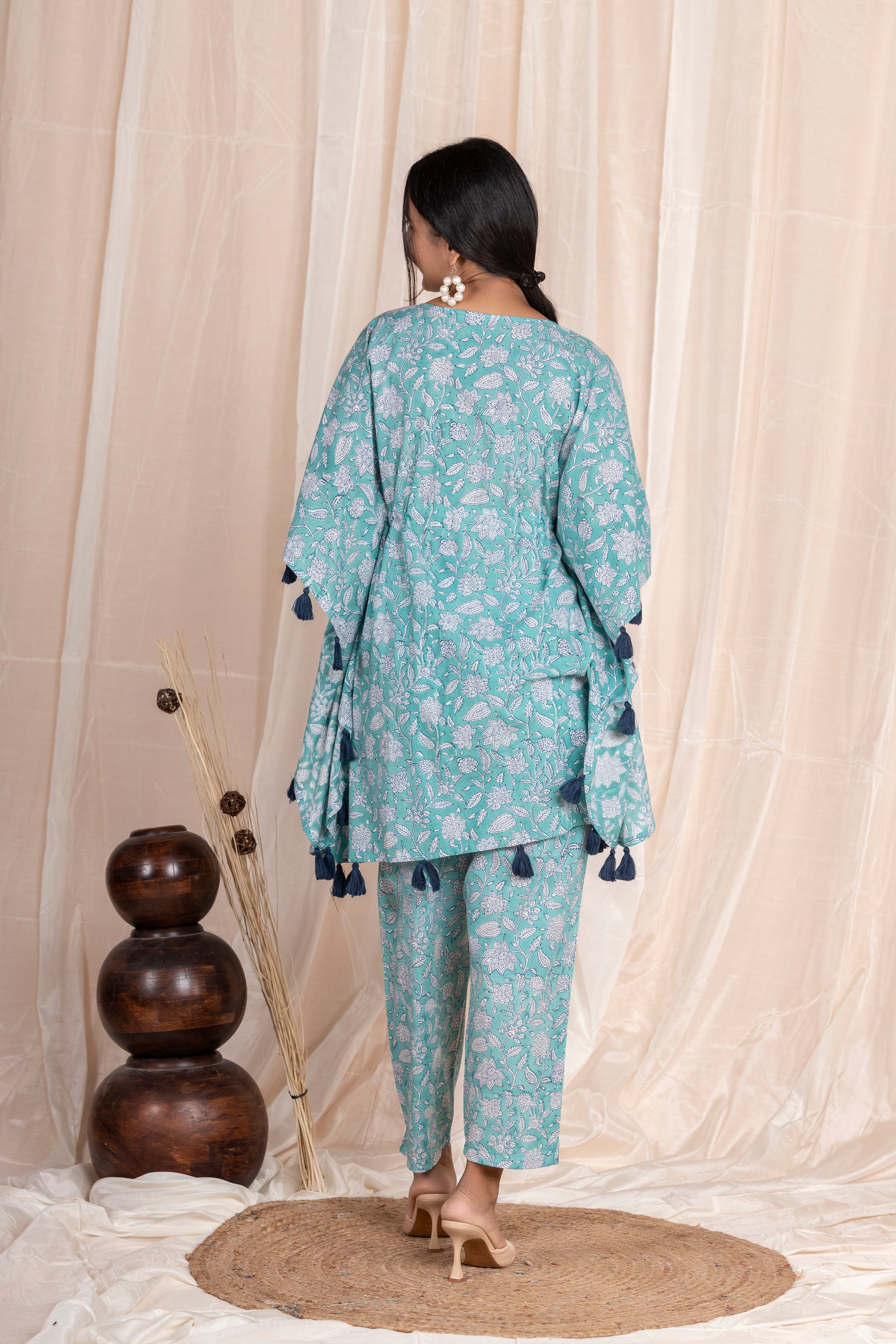 Aqua Tassel Kaftan with Pants