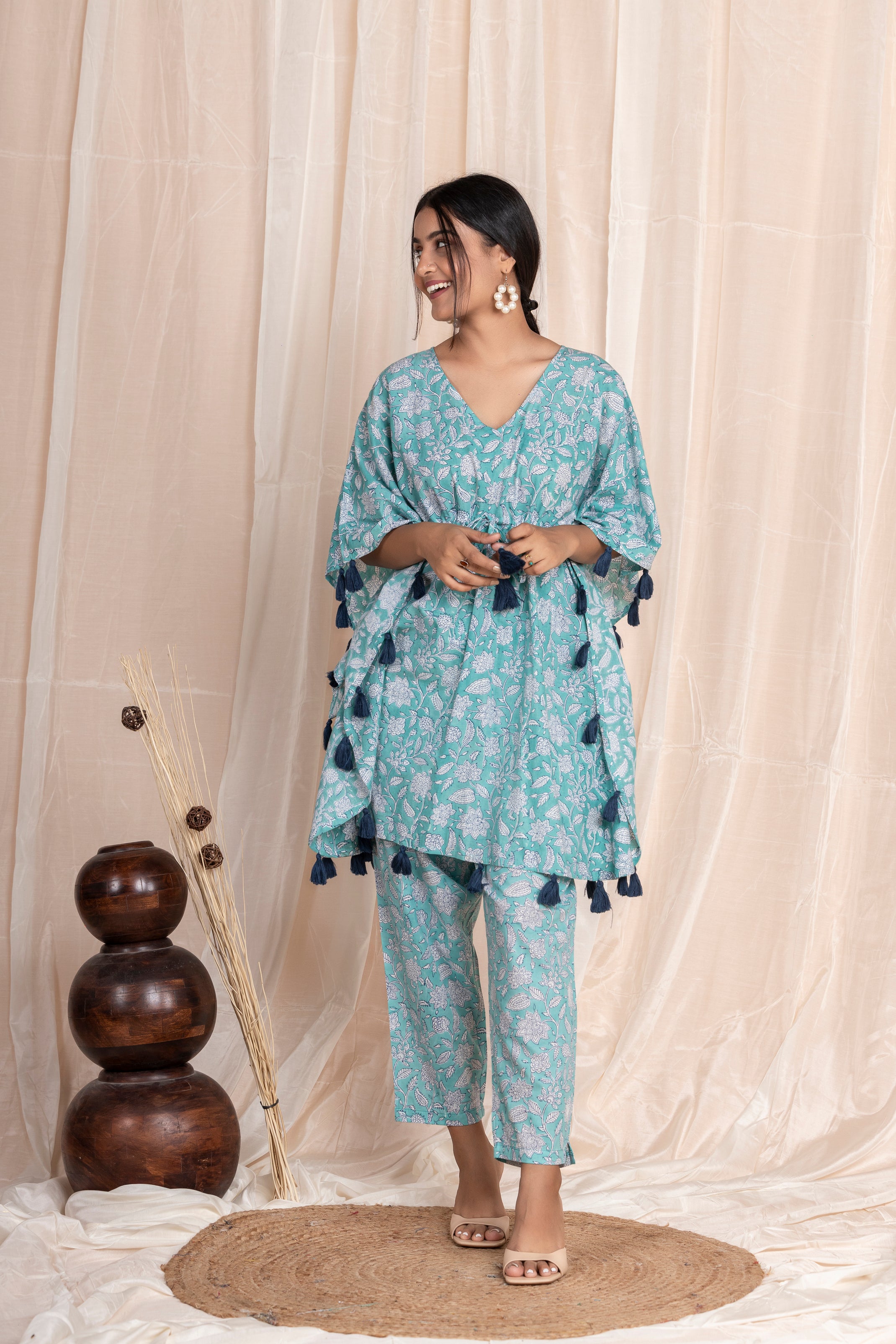 Aqua Tassel Kaftan with Pants