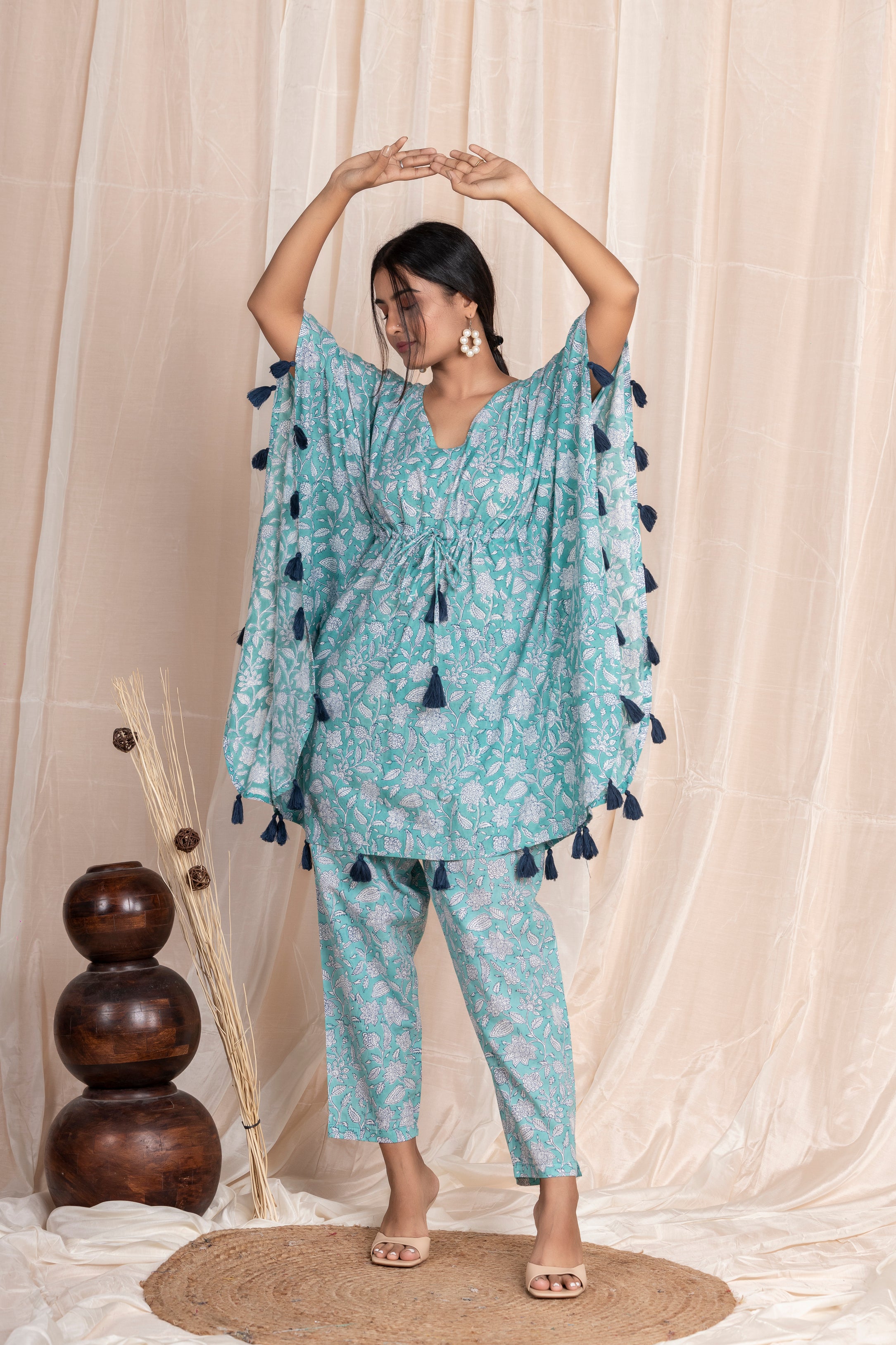 Aqua Tassel Kaftan with Pants