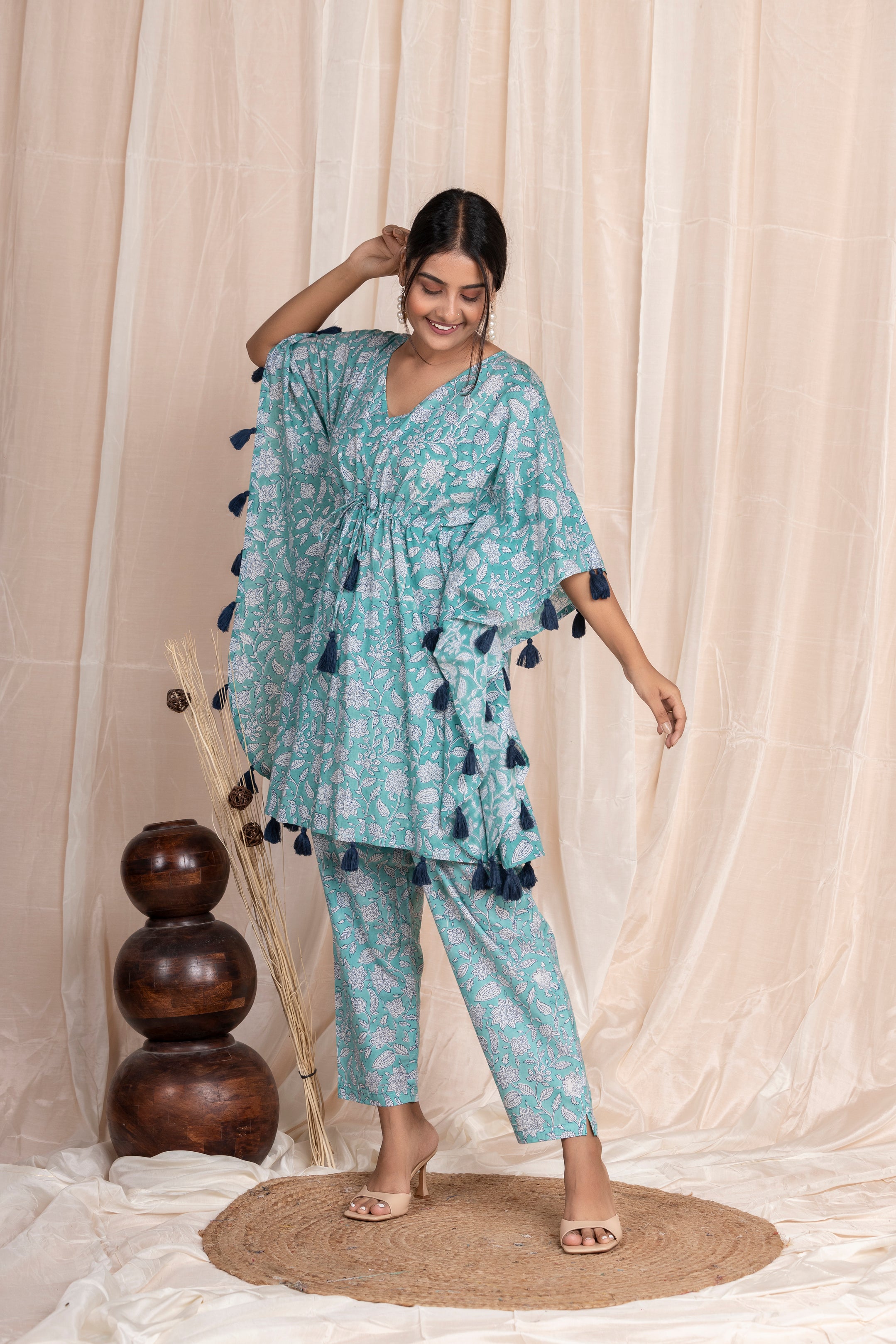 Aqua Tassel Kaftan with Pants