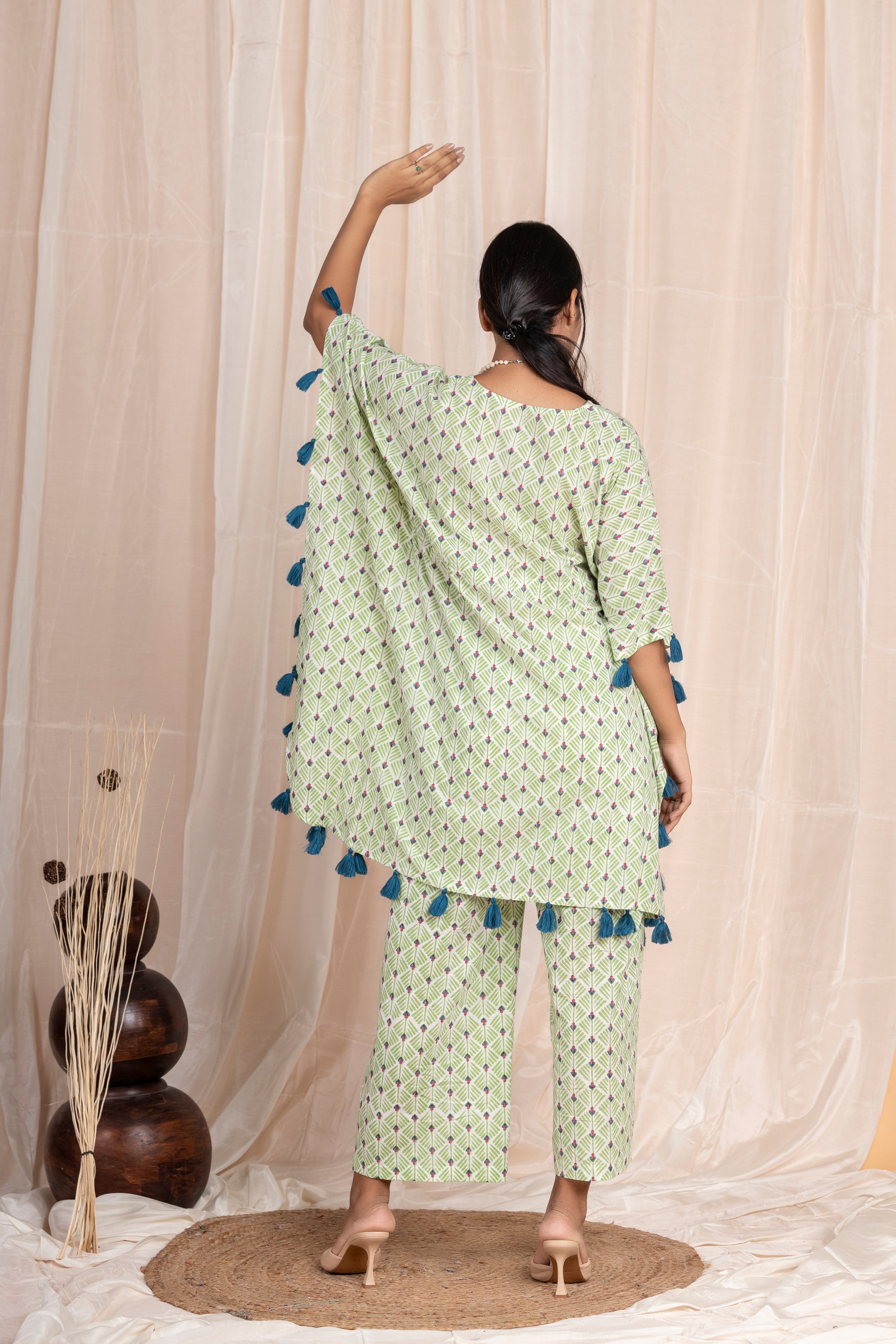 Green Tassel Kaftan Co-ord with Pants