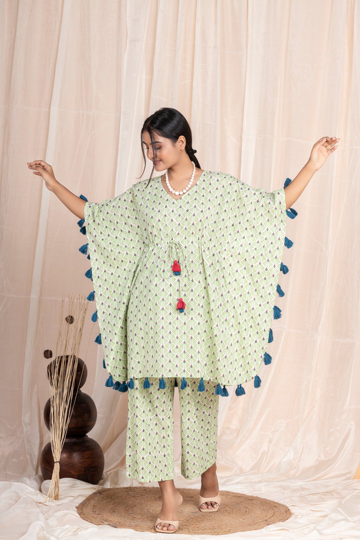 Green Tassel Kaftan Co-ord with Pants