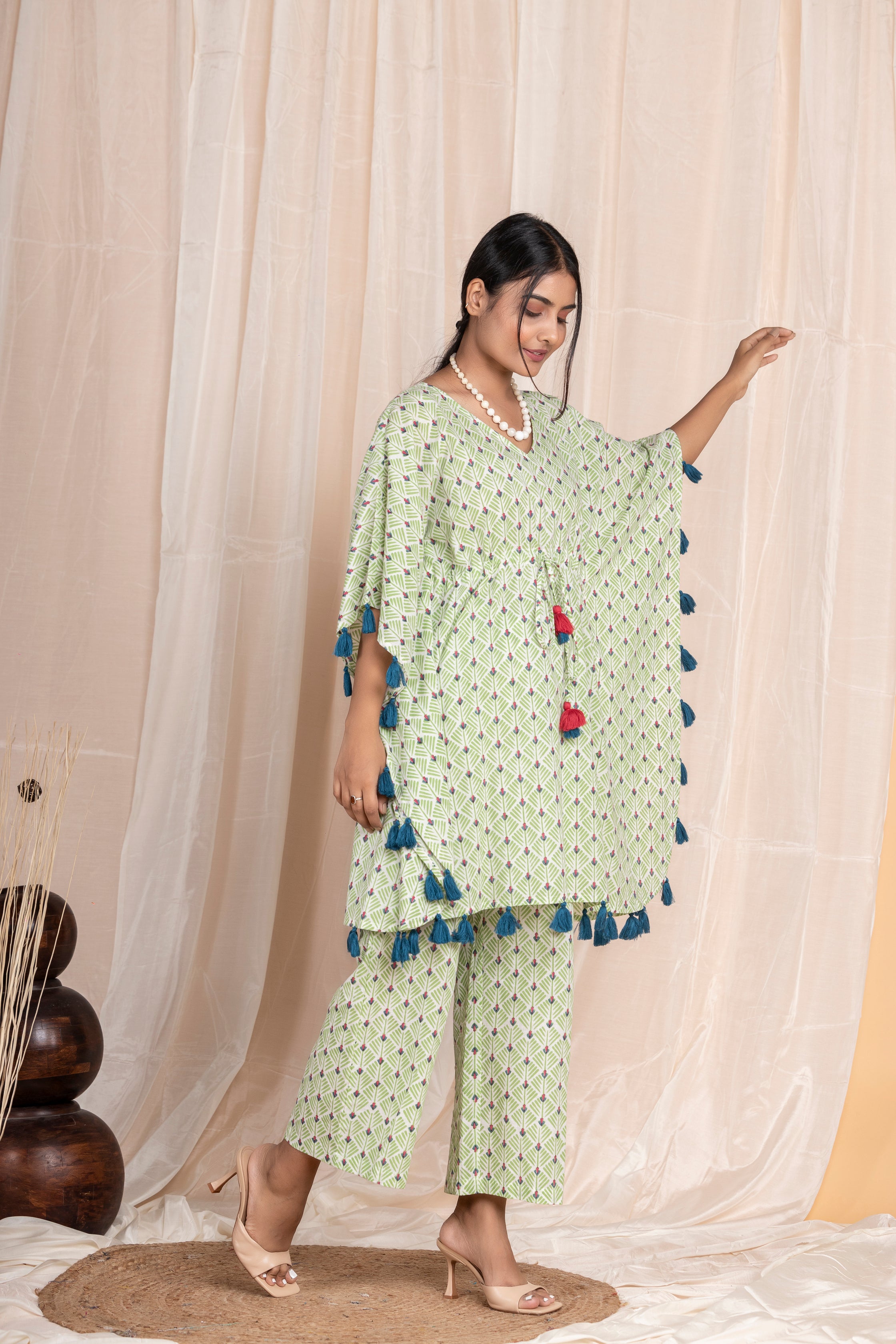 Green Tassel Kaftan Co-ord with Pants