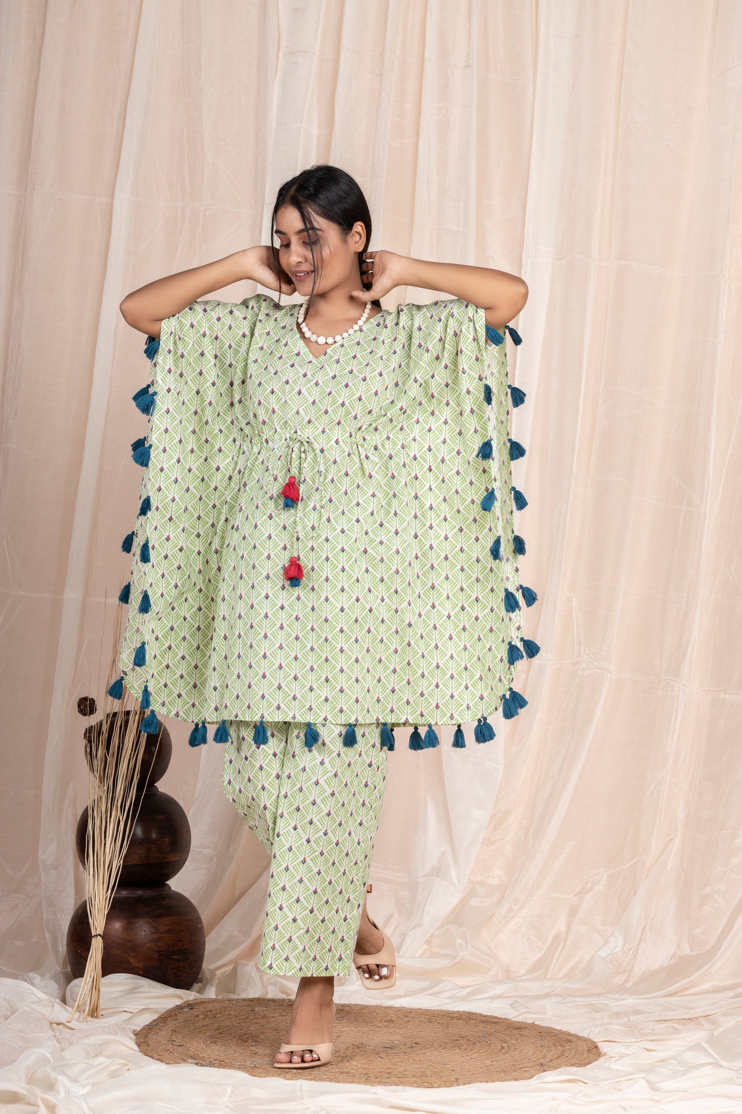 Green Tassel Kaftan Co-ord with Pants