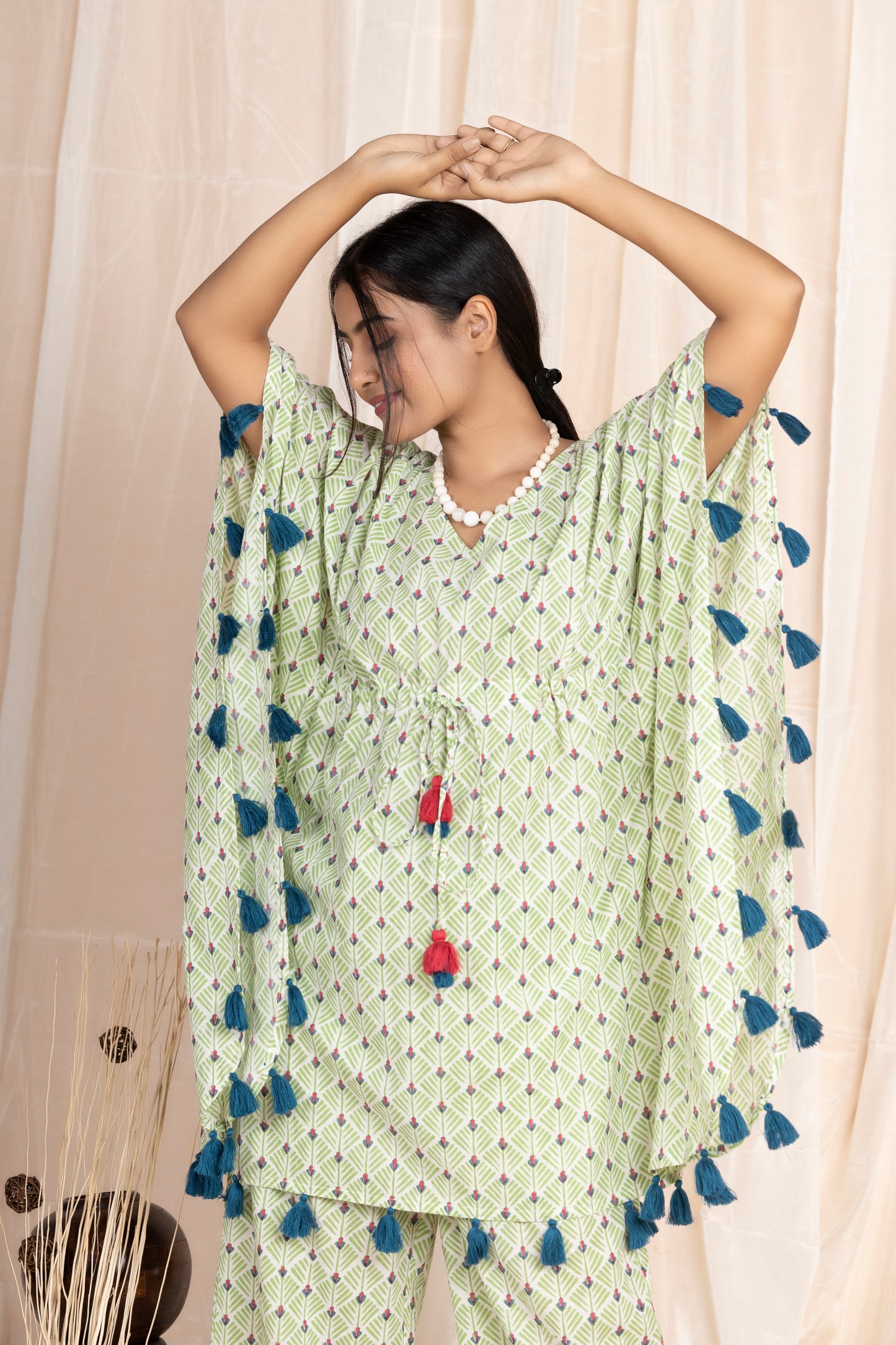 Green Tassel Kaftan Co-ord with Pants