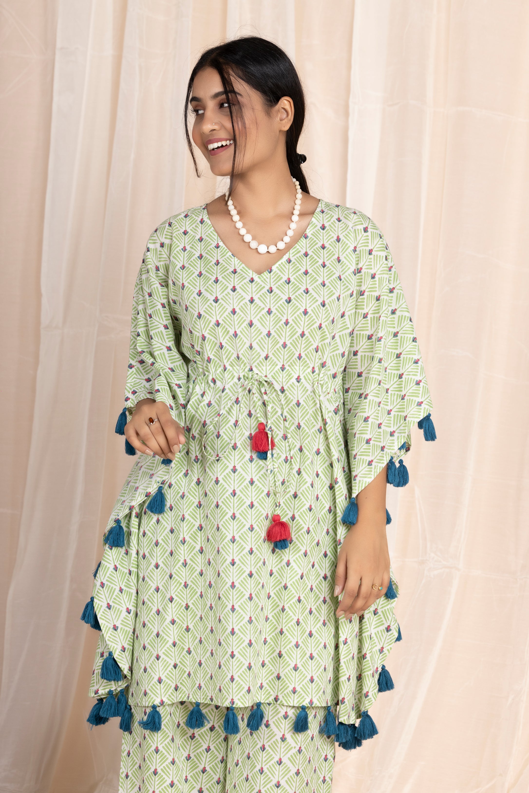 Green Tassel Kaftan Co-ord with Pants