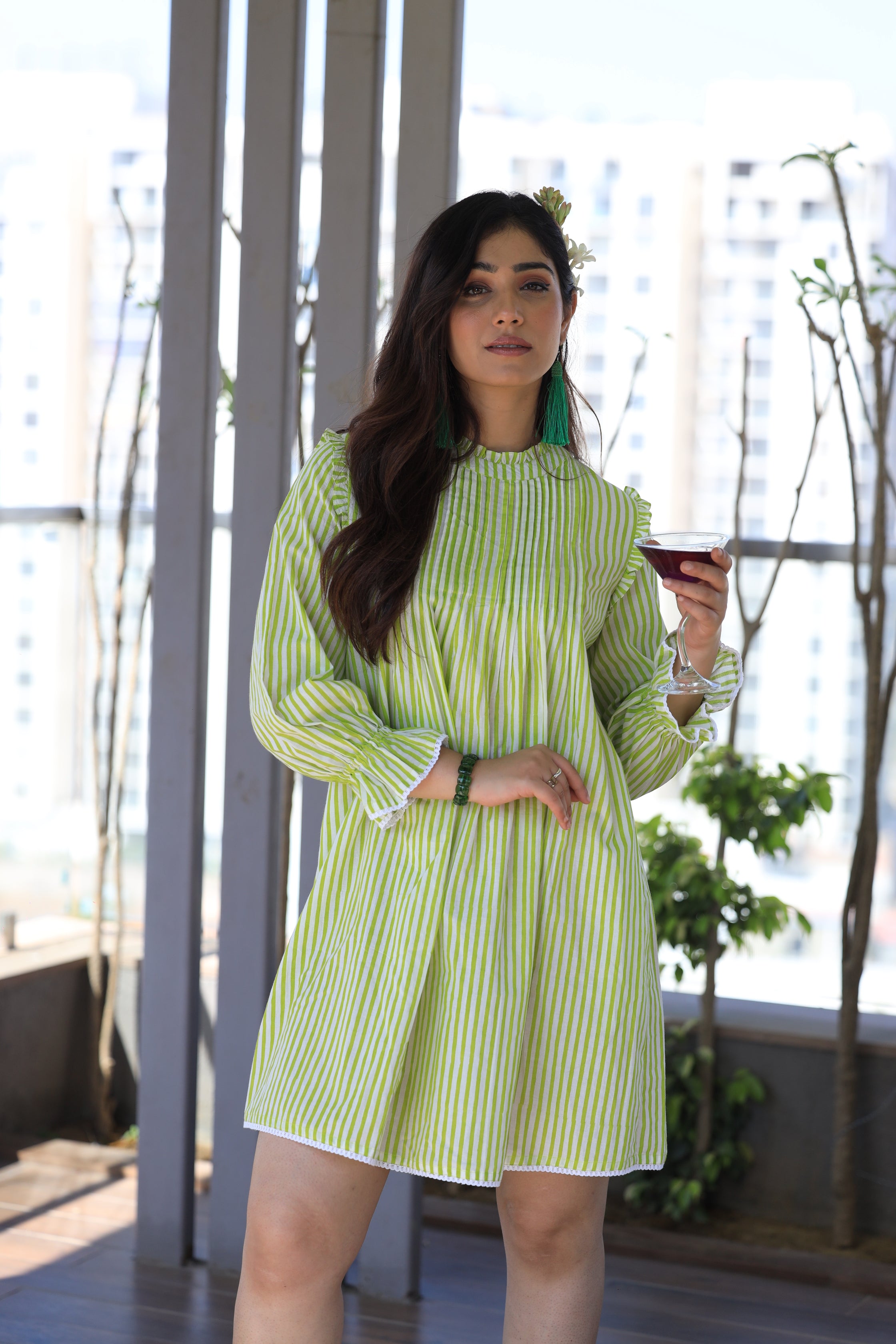 Stripes Pin-tuck Green Dress