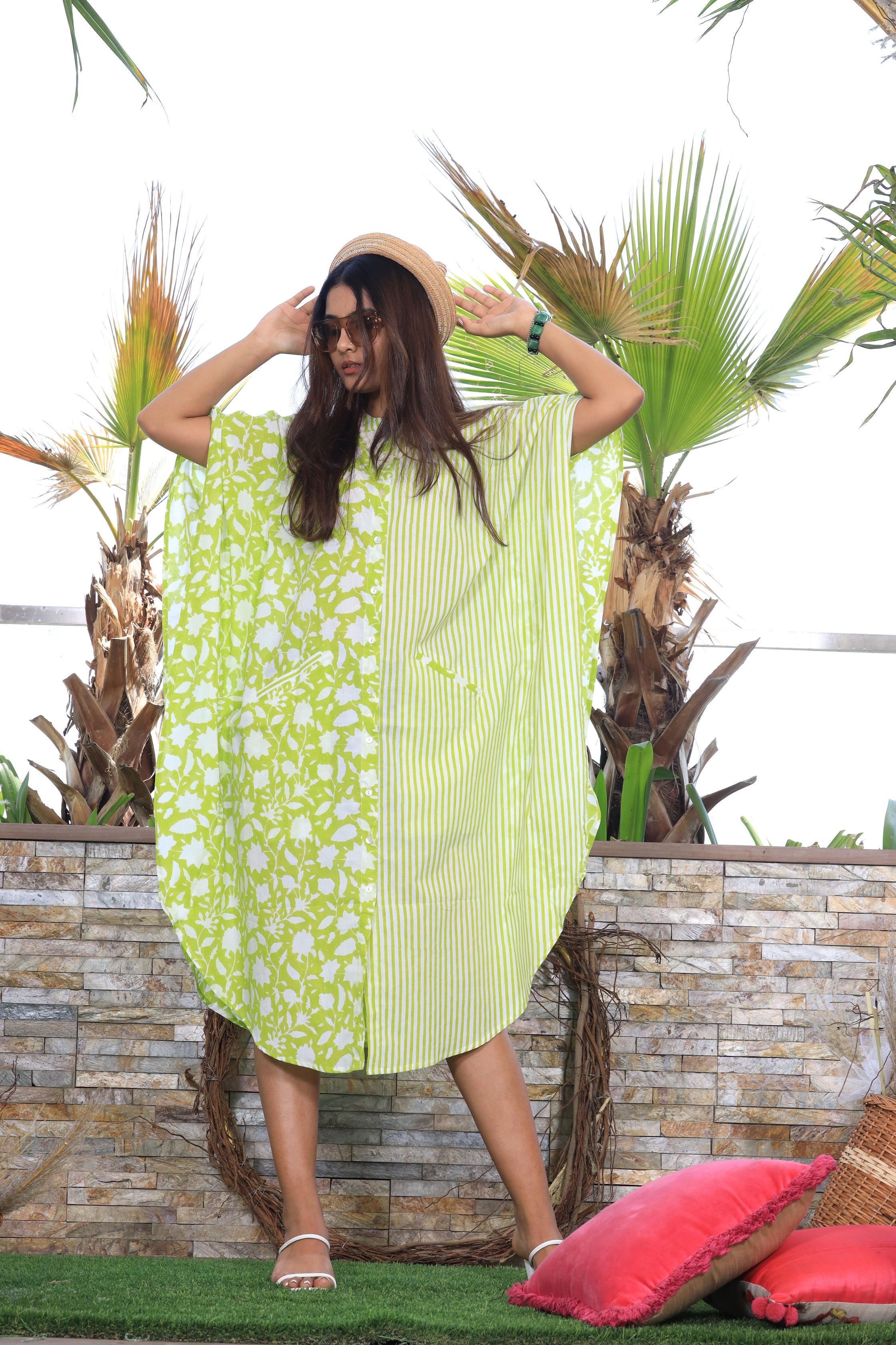 Coral Stripe Shirt Dress Kaftan (Green Combo)