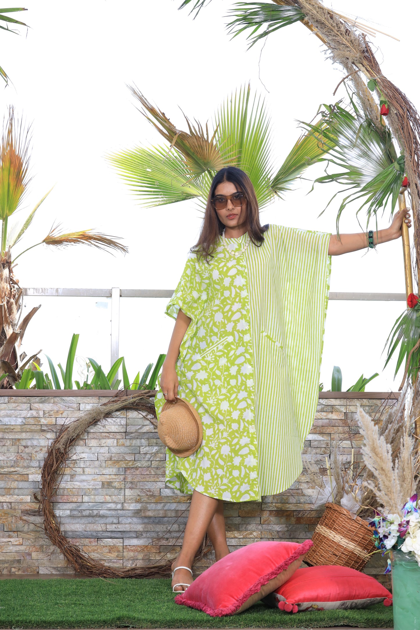 Coral Stripe Shirt Dress Kaftan (Green Combo)