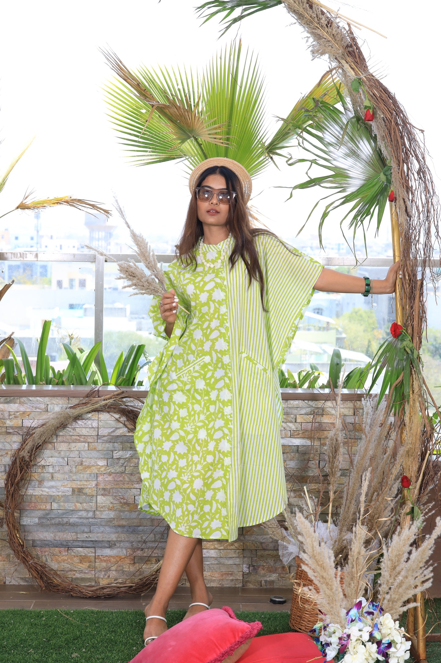 Coral Stripe Shirt Dress Kaftan (Green Combo)