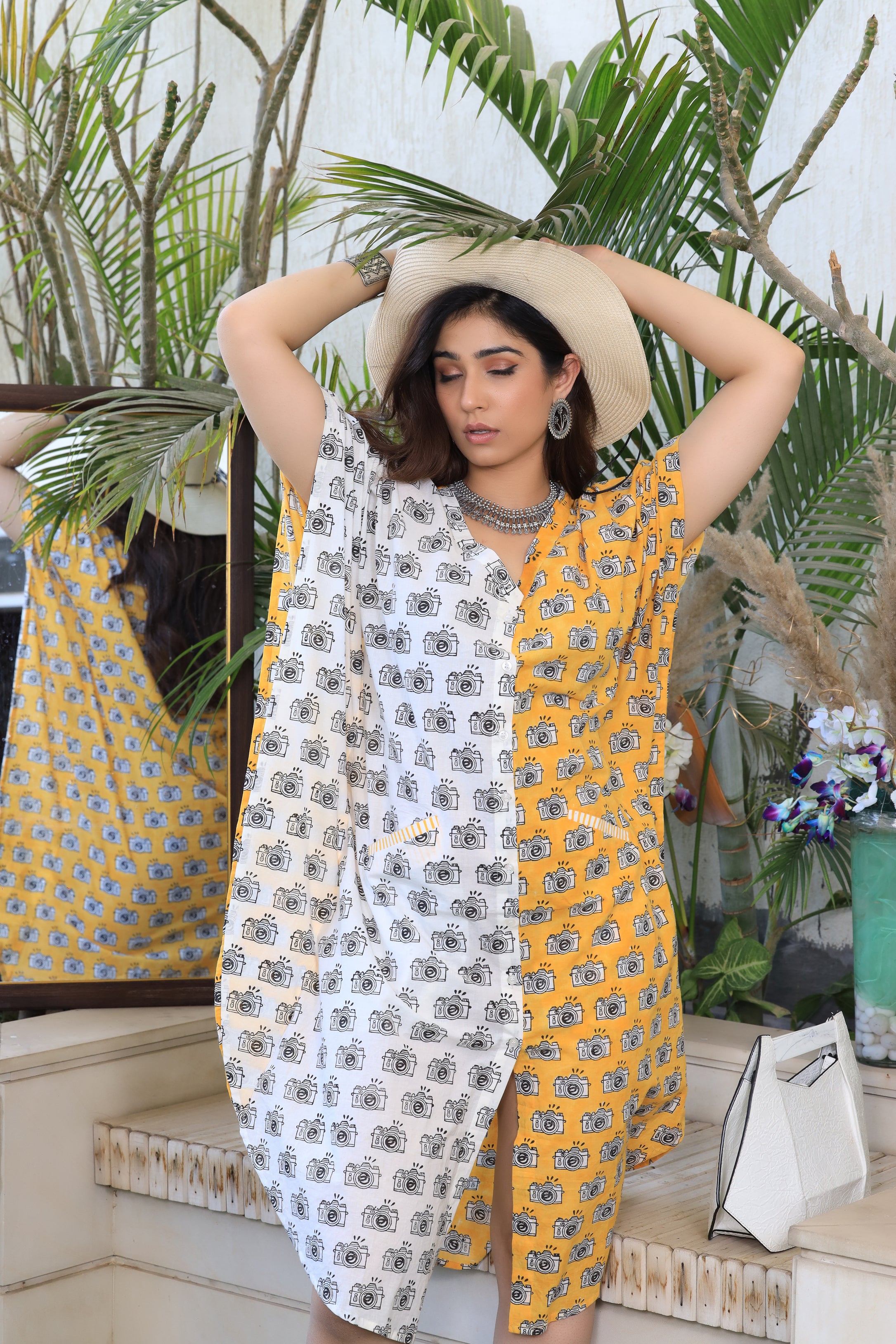 Half & Half Camera Print Shirt Dress Kaftan