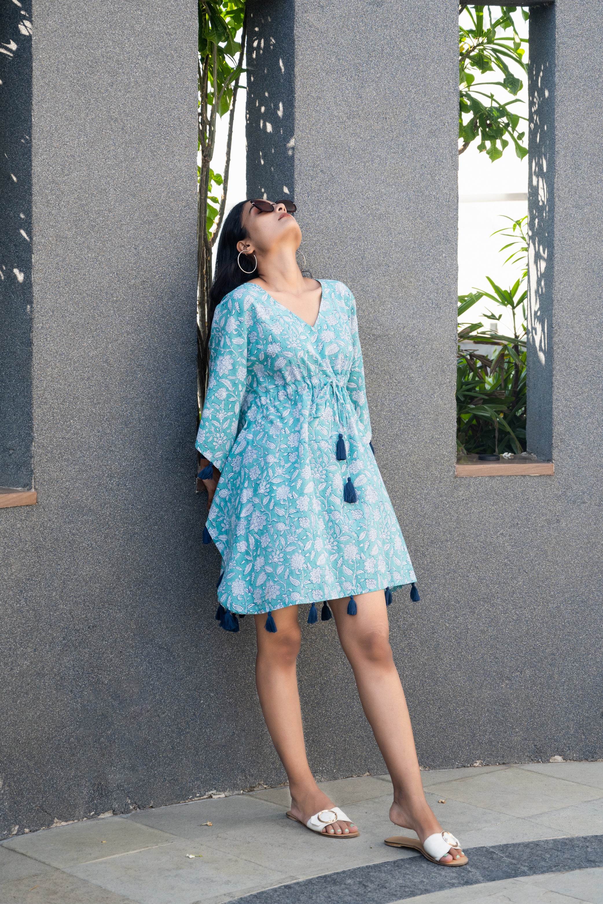 Daisy Aqua Tassel Kaftan