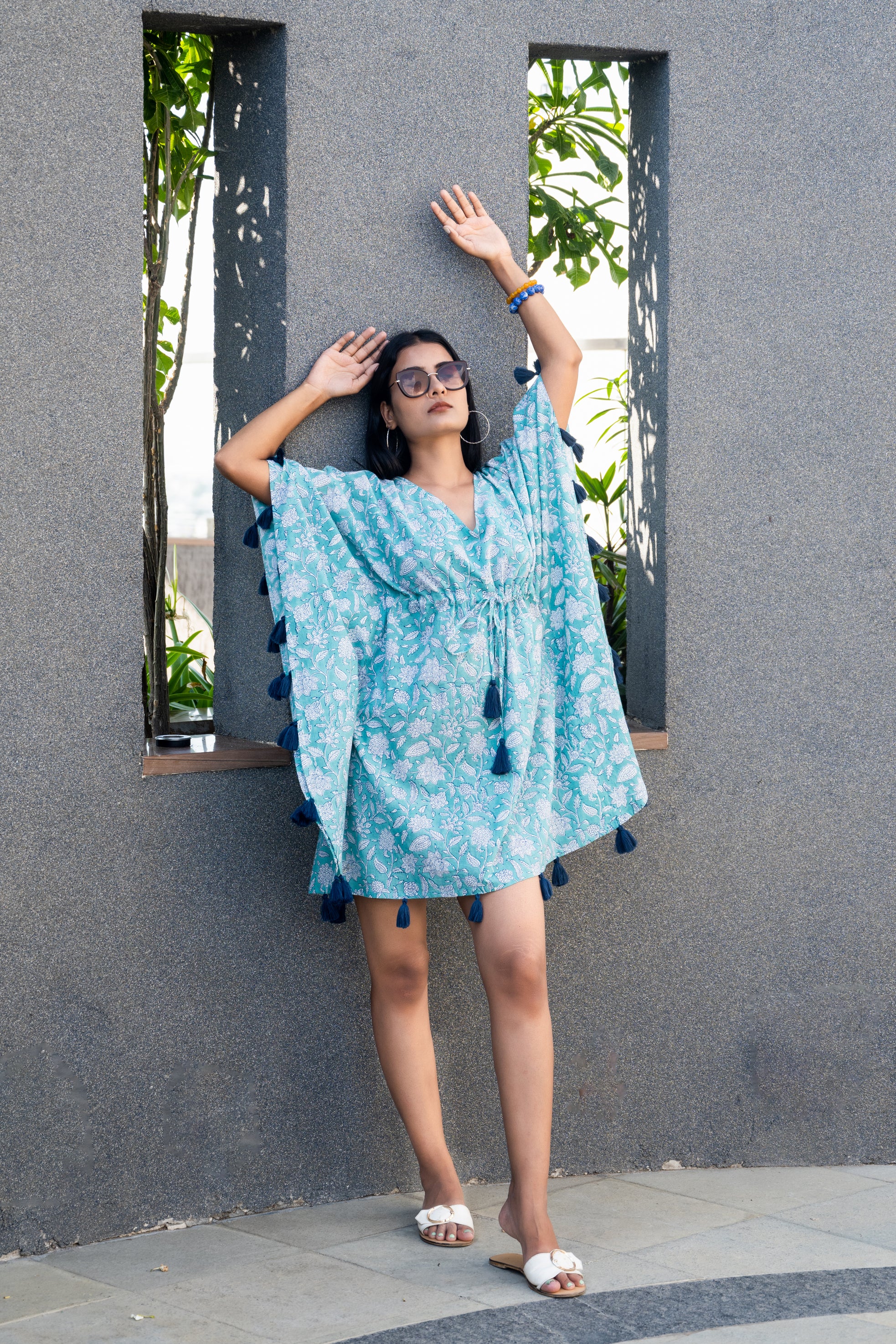 Daisy Aqua Tassel Kaftan