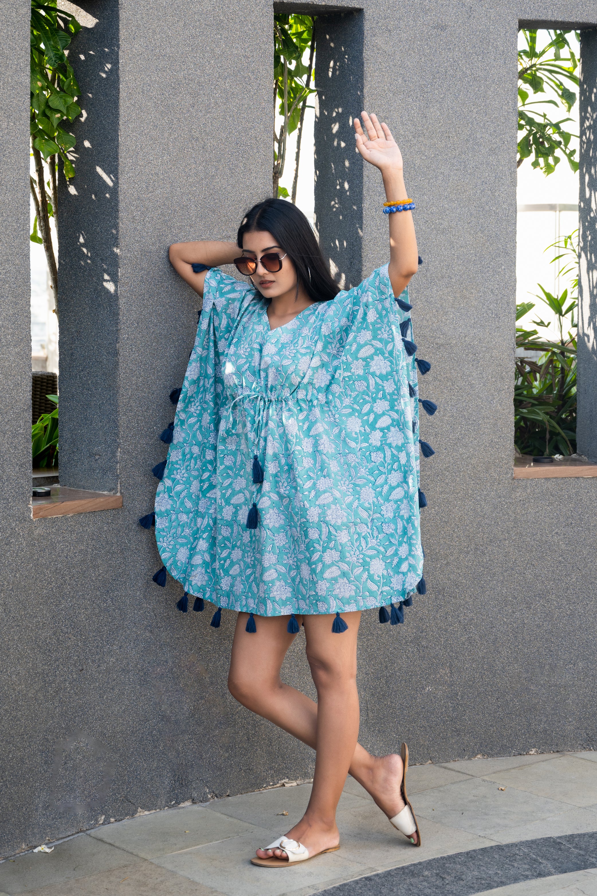 Daisy Aqua Tassel Kaftan